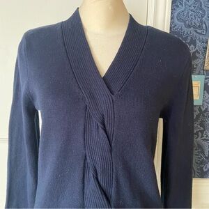 Navy Blue Jones New York V-Neck Sweater with Knit Cable detail - Size Lg